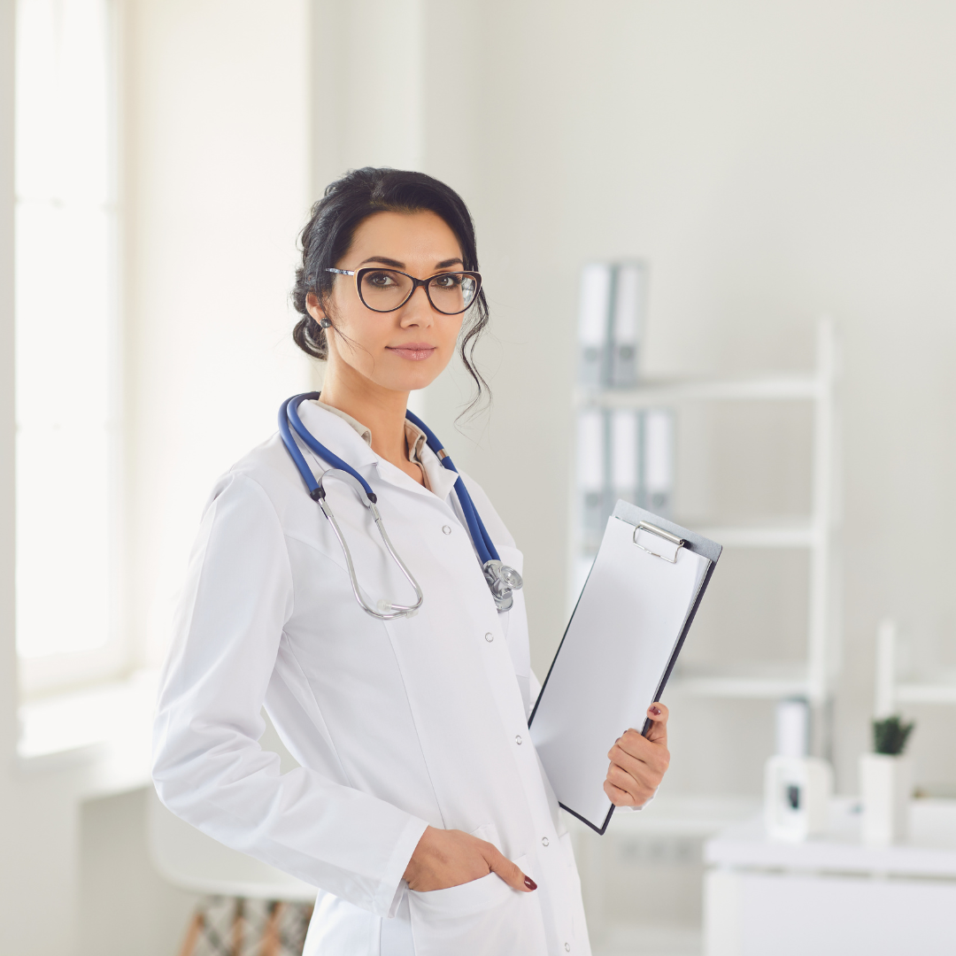 Dermatologist reviewing safe herbal skincare product in clinical setting