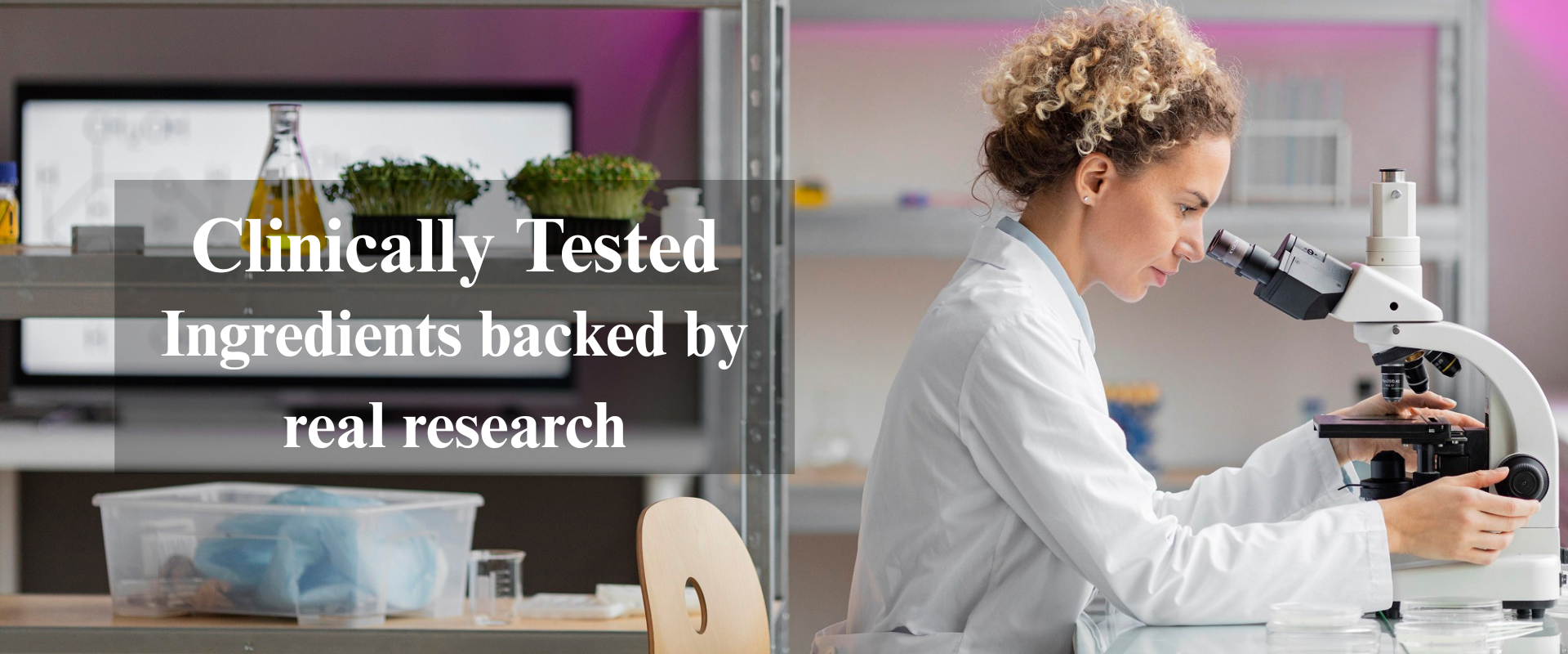 Herbal skincare and wellness products on a lab table with glass beakers and fresh green herbs, showcasing science-backed formulation