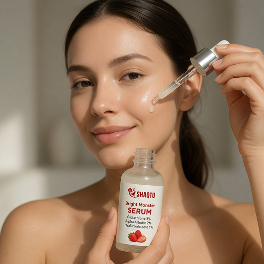: Woman applying Shaqtu Bright Monster Serum on face - brightening and hydrating skincare
