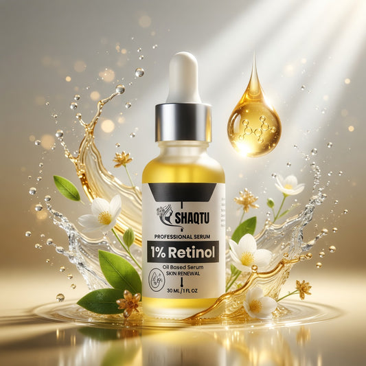 Premium Shaqtu 1% Retinol Serum with rich golden lighting and floating drop - reduces fine lines and wrinkles