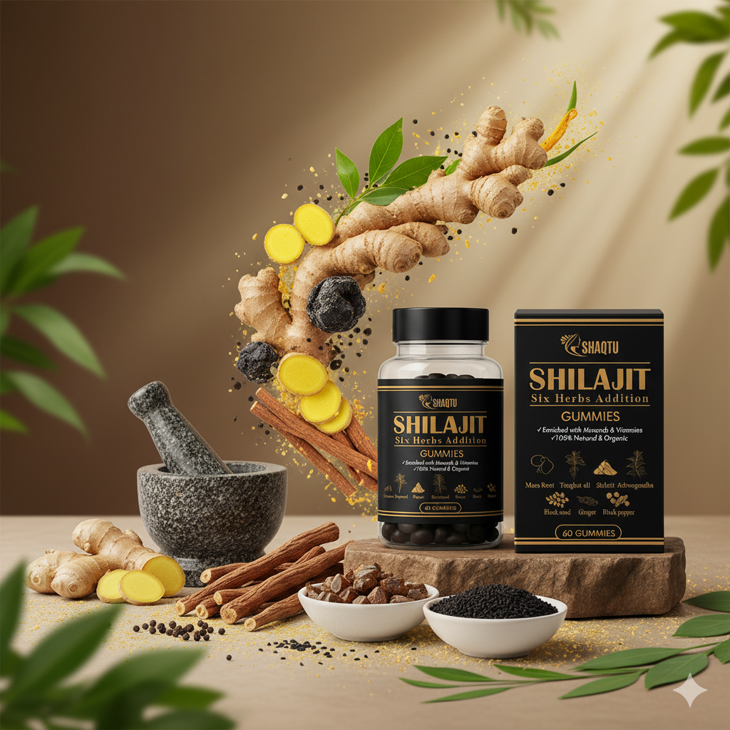 Shaqtu Shilajit Six Herbs Addition Gummies bottle and box