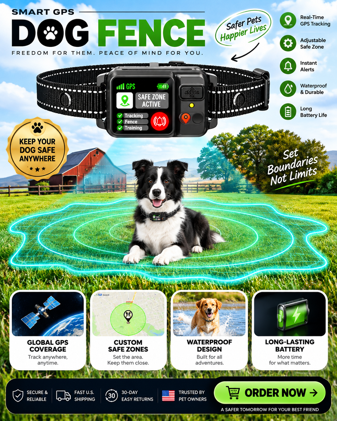 Smart GPS Dog Fence – Wireless Outdoor Pet Containment & Training Collar