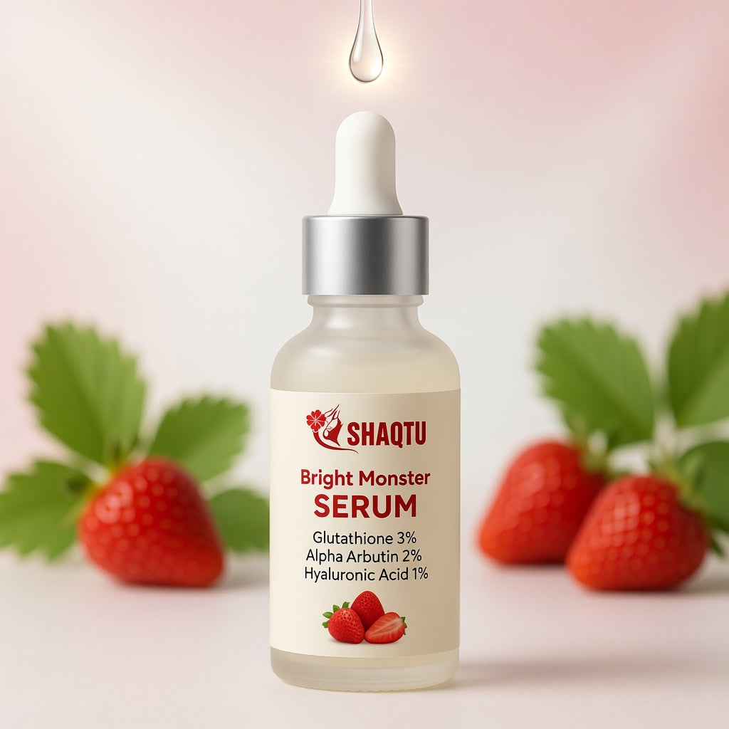 Shaqtu Bright Monster Serum showing powerful brightening ingredients - fades dark spots and deeply hydrate