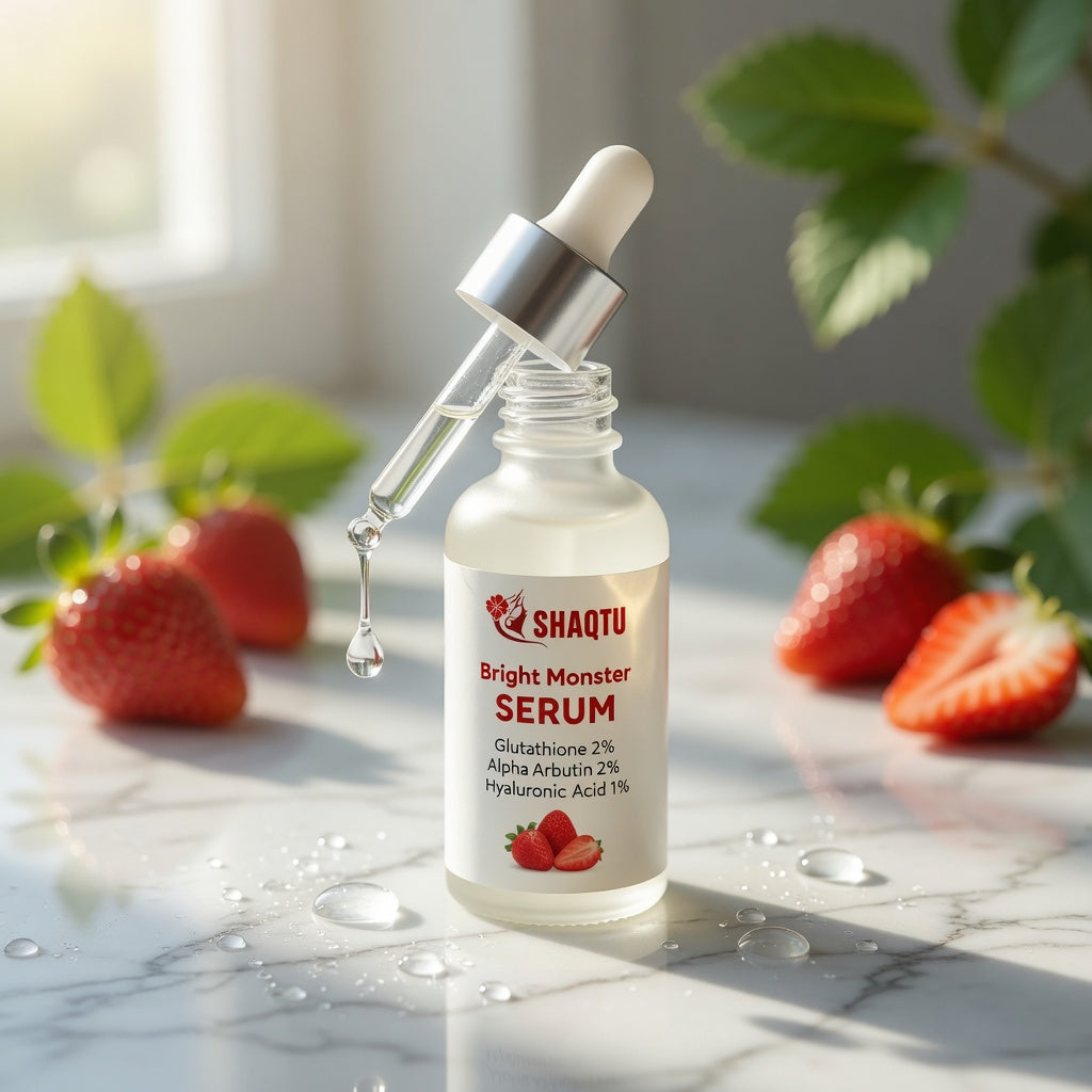 Shaqtu Bright Monster Serum showing powerful brightening ingredients - fades dark spots and deeply hydrates
