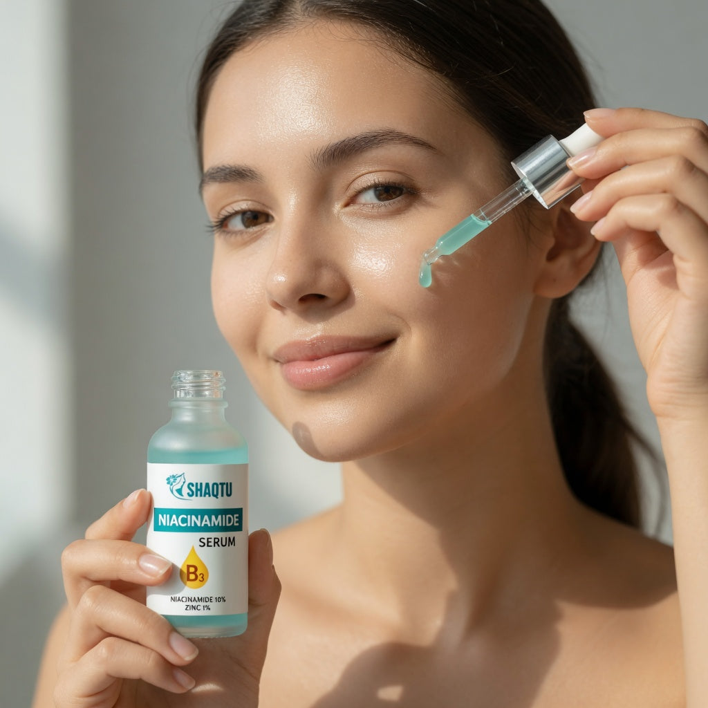 Woman applying Shaqtu Niacinamide Serum on face - lightweight serum for oily and blemish-prone skin