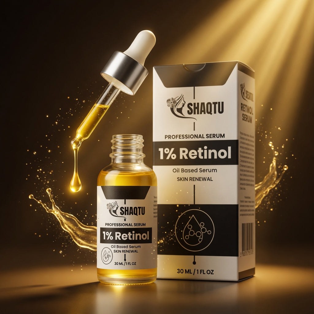 Shaqtu 1% Retinol Oil-Based Serum in elegant luxury setting with glowing golden drop - anti-aging skin renewal serum