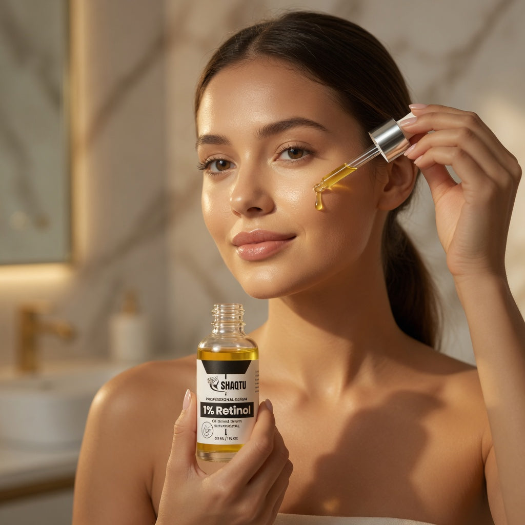Woman gently applying Shaqtu 1% Retinol Serum on her face - nighttime anti-aging skincare routine