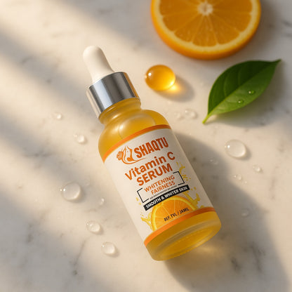 Shaqtu Vitamin C Whitening Serum on marble with fresh orange accents - lightweight brightening serum