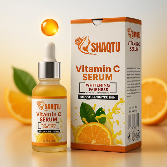 Shaqtu Vitamin C Whitening Serum with bright glowing drop and citrus splash - brightens skin and fades dark spots