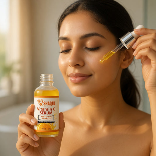Beautiful woman applying Shaqtu Vitamin C Whitening Serum on her cheek for radiant glowing skin